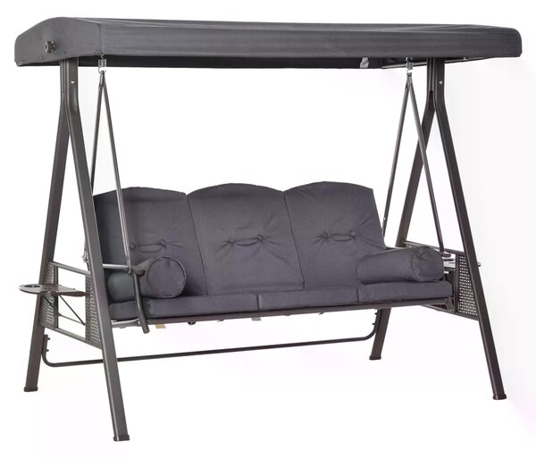 Outsunny 3 Seater Garden Swing Chair Outdoor Hammock Bench w/ Adjustable Canopy, Cushions and Cup Trays, Steel Frame, Dark Grey