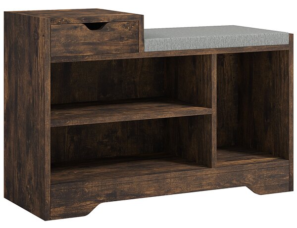 HOMCOM Multi-Compartment Shoe Bench, Upholstered Shoe Storage Bench with Drawer & 3 Open Shelves for Hallway, Rustic Brown Aosom UK