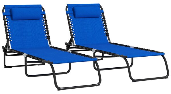 Outsunny 2 Pcs Folding Sun Lounger Beach Chaise Chair Garden Cot Camping Recliner with 4 Position Adjustable Blue Aosom UK