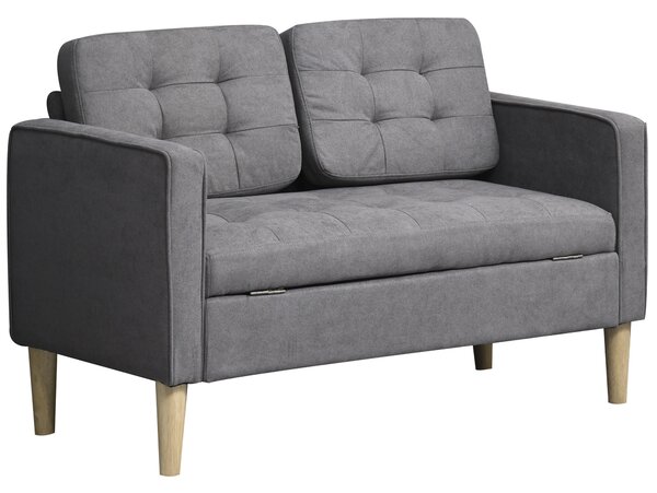 HOMCOM Modern 2 Seater Sofa with Hidden Storage, 117cm Tufted Cotton Couch, Compact Loveseat Sofa with Wood Legs, Grey