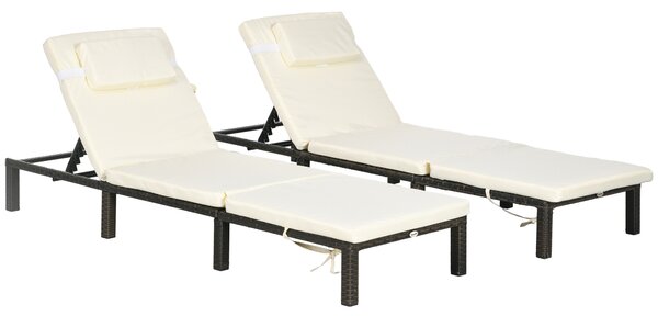 Outsunny Rattan Sun Loungers Set of 2 with 5-Level Adjustable Backrest, Wicker Lounge Chairs with Padded Cushion and Headrest for Outdoor, Poolside, Garden, Cream White