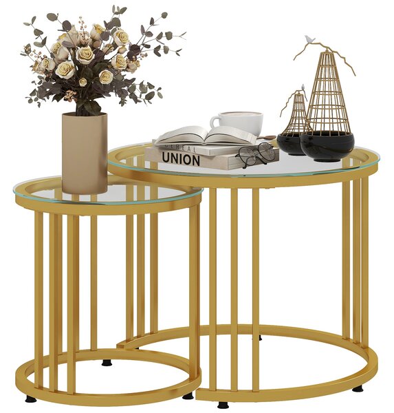 HOMCOM Round Coffee Tables Set of 2, Nesting Tables with Tempered Glass Top and Steel Frame, 60cmx60cmx47cm, Gold Tone