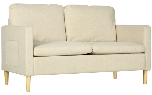 HOMCOM 143cm 2 Seater Sofa for Living Room, Modern Fabric Couch, Loveseat Sofa Settee with Wood Legs and 2 Pockets for Bedroom and Home Office, Beige