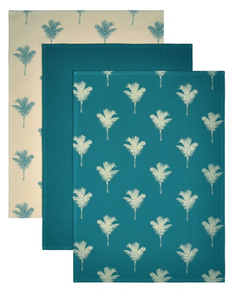 Pack of 3 Luxe Palm Teal Tea Towels Teal (Green)