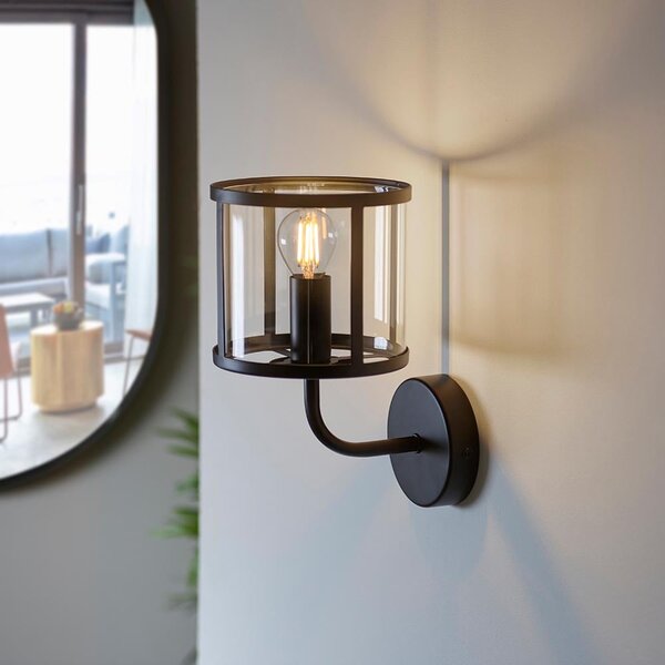 Hebron Clear Glass Shade Wall Light In Matt Black