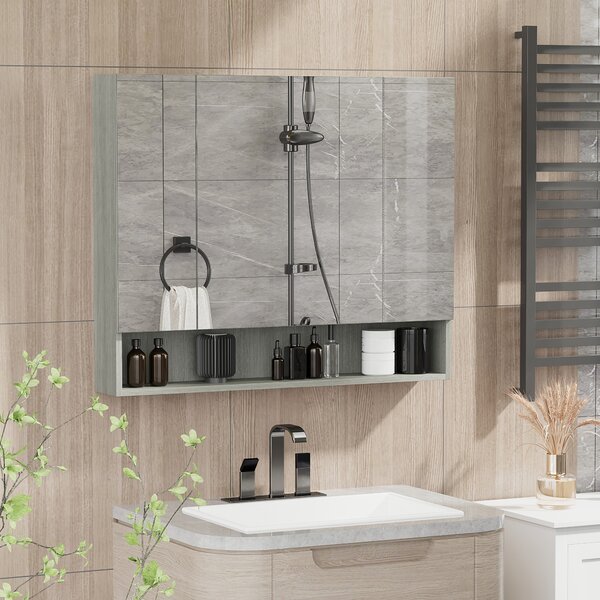 Kleankin Wall Mounted Bathroom Mirror Cabinet, Storage with Adjustable Shelves, 3 Doors, Grey