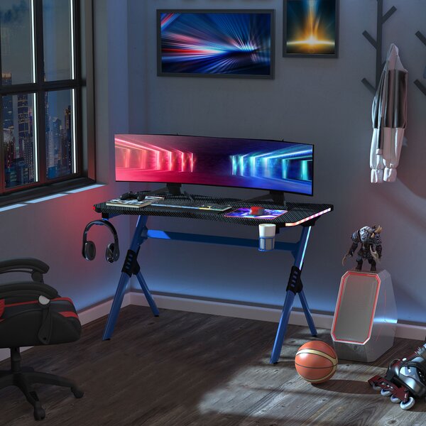 HOMCOM Gaming Desk with RGB LED Lights Racing Style Gaming Table with Cup Holder, Cable Management, Blue