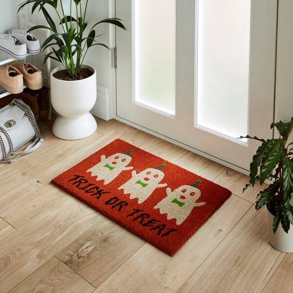 Trick or Treat Ghost Coir Outdoor Doormat Orange