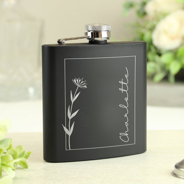 Personalised Floral Name Black Hip Flask Black