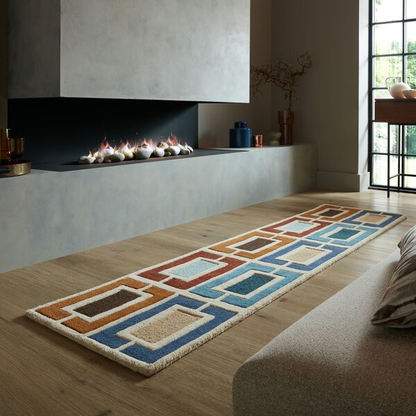 Retro Blocks Carved Wool Runner Blue