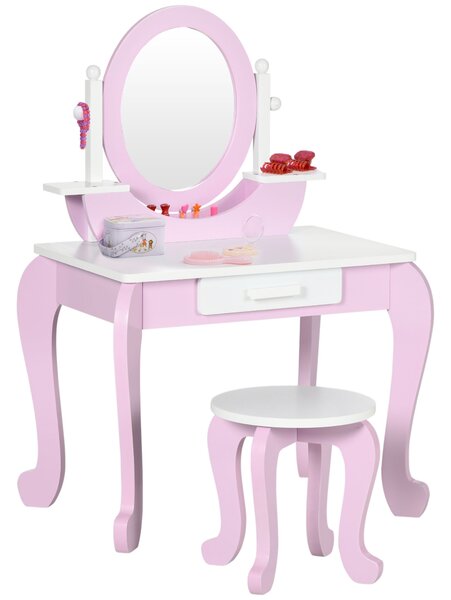 ZONEKIZ Kids Dressing Table Set Kids Vanity Set Girl Makeup Desk with Mirror Stool Drawer Round Legs for 3-6 Years Old, Pink