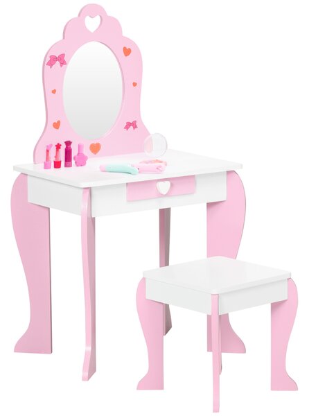 ZONEKIZ Pink Kids Vanity Set with Dressing Table, Mirror, Stool, Drawer, Cute Patterns, for 3-6 Years Old