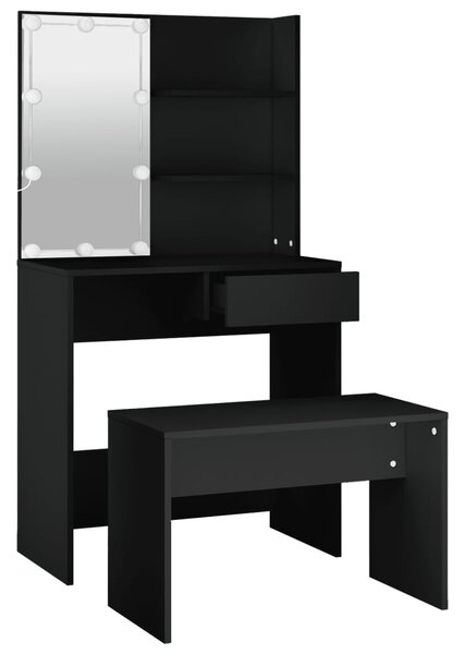 Dressing Table Set with LED Black Engineered Wood