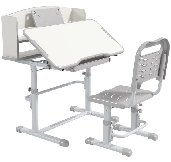 ZONEKIZ Height Adjustable Kids Study Table and Chair Set, with Drawer, Storage Shelf, 80 x 54.5 x 104 cm, Grey Aosom UK