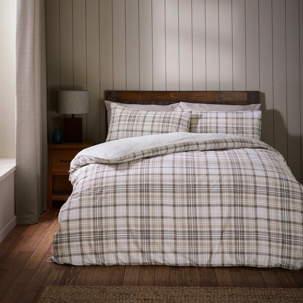Catherine Lansfield Cosy Sherpa Check Duvet Cover Bedding Set Natural