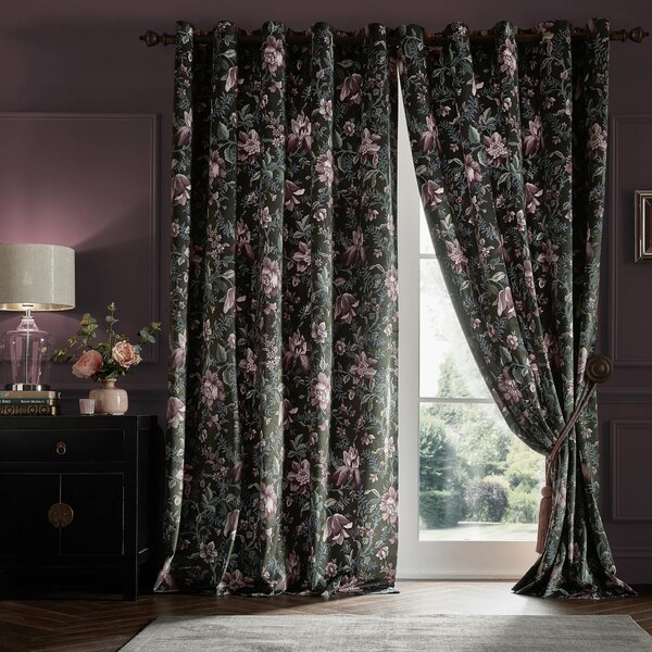 Laura Ashley Edita's Garden Ready Made Eyelet Curtains Charcoal