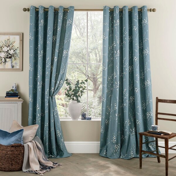 Laura Ashley Pussy Willow Ready Made Eyelet Curtains Dark Seaspray