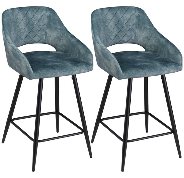 HOMCOM Bar Stools Set of 2, Velvet-Touch Fabric Counter Height Bar Chairs, Kitchen Stools with Steel Legs for Dining Area, Kitchen Island Barstools, Blue